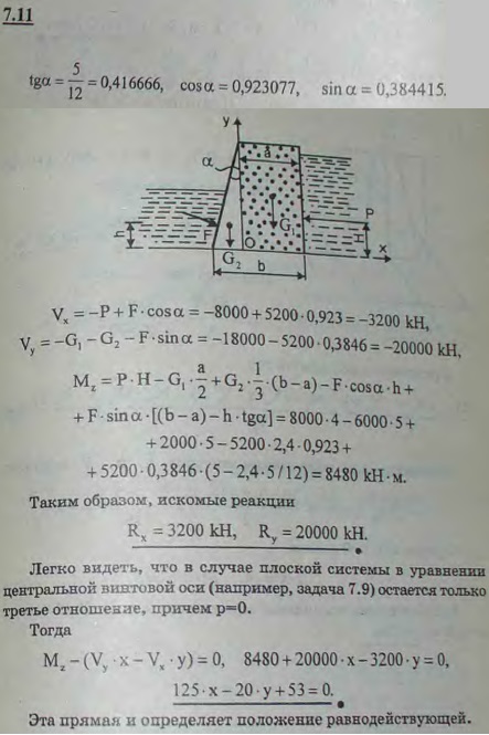 Равнодействующие P=8000 кН и F=5200 кН сил давления воды на плотину приложены в средней вертикальной плоскости перпендикулярно соответствующим