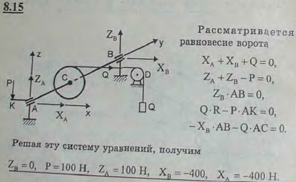 Рабочий удерживает груз Q=800 Н с помощью ворота, схематически изображенного на рисунке; радиус барабана R=5 см; длина рукоятки AK=40 см, AC=CB=50