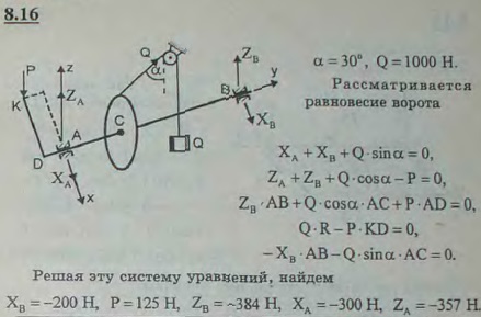 С помощью ворота, схематически изображенного на рисунке, удерживается груз Q=1 кН. Радиус барабана R=5 см. Длина рукоятки KD=40 см; AD=30 см