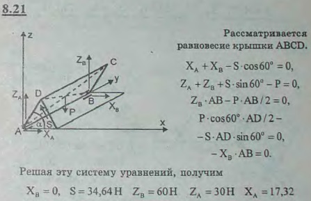 Крышка прямоугольного ящика ABCD подперта с одной стороны палочкой DE. Вес крышки 120 Н; AD=AE; угол DAE=60°. Определить реакции шарниров A и