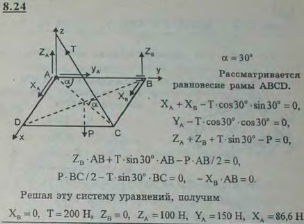 Однородная прямоугольная рама веса 200 Н прикреплена к стене при помощи шарового шарнира A и петли B и удерживается в горизонтальном положении