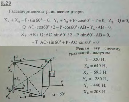 Прямоугольная дверь, имеющая вертикальную ось вращения AB, открыта на угол CAD=60° и удерживается в этом положении двумя веревками, из которых