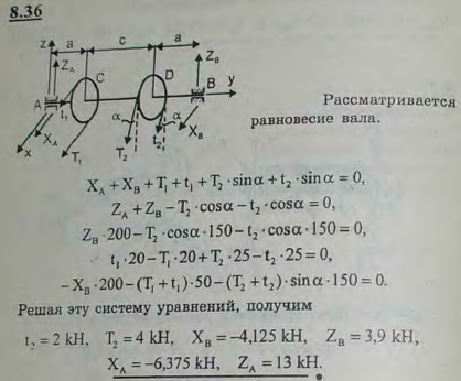 Горизонтальный вал трансмиссии, несущий два шкива C и D ременной передачи, может вращаться в подшипниках A и B. Радиусы шкивов: rC=20 см, rD=25