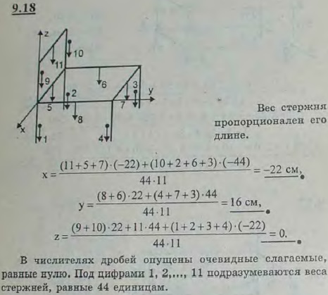 Найти координаты центра тяжести тела, имеющего вид стула, состоящего из стержней одинаковой длины и веса. Длина стержня равна 44 см.