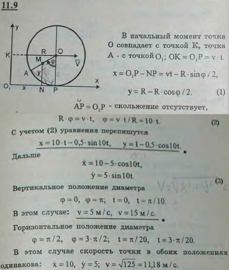 Определить уравнения движения и траекторию точки колеса электровоза радиуса R=1 м, лежащей на расстоянии a=0,5 м от оси, если колесо катится