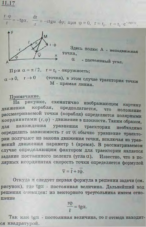 Найти в полярных координатах r, φ) уравнение кривой, которую опишет корабль, сохраняющий постоянный угол пеленга α на неподвижную точку (угол