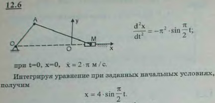 Ползун движется по прямолинейной направляющей с ускорением wx=-π^2 sin &pi;/2 t м/с2. Найти уравнение движения ползуна, если его начальная скорость