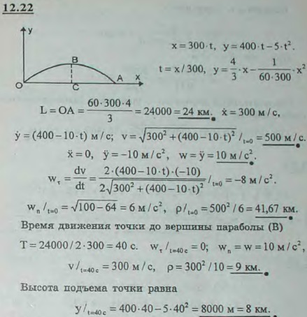 Снаряд движется в вертикальной плоскости согласно уравнениям x=300t, y=400t-5t2 t-в секундах, x, y-в метрах). Найти: 1) скорость и ускорение