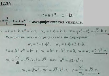 Движение точки задано в полярных координатах уравнениями r=ae^kt и φ=kt, где a и k-заданные постоянные величины. Найти уравнение траектории