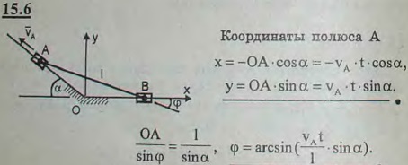 Муфты A и B, скользящие вдоль прямолинейных направляющих, соединены стержнем AB длины l. Муфта A движется с постоянной скоростью vA. Написать