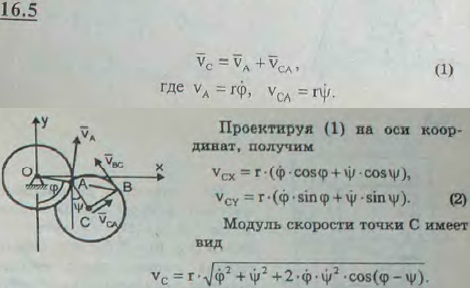 Два одинаковых диска радиуса r каждый соединены цилиндрическим шарниром A. Диск I вращается вокруг неподвижной горизонтальной оси O по закону