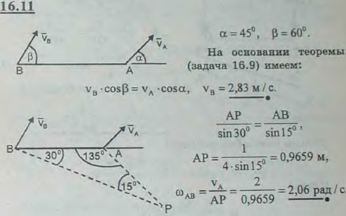 Стержень AB длины 0,5 м движется в плоскости рисунка. Скорость vA vA=2 м/с образует угол 45° с осью x, совмещенной со стержнем. Скорость vB точки