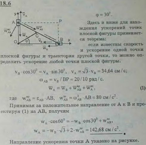 Линейка эллипсографа скользит концом B по оси Ox, концом A-по оси Oy, AB=20 см. См. рисунок к задаче 15.1. Определить скорость и ускорение точки