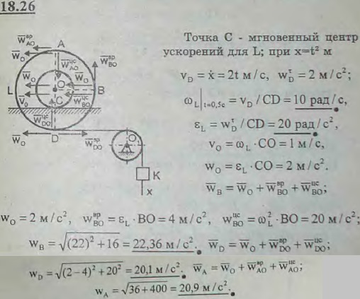Груз K, связанный посредством нерастяжимой нити с катушкой L, опускается вертикально вниз по закону x=t^2 м. При этом катушка L катится без скольжения