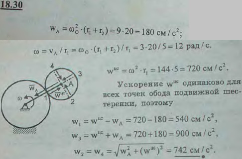 Найти ускорения концов B, C, D, E двух диаметров шестеренки радиуса r1=5 см, катящейся снаружи неподвижной шестеренки радиуса r2=15 см. Подвижная