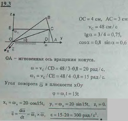 Конус, высота которого h=4 см и радиус основания r=3 см, катится по плоскости без скольжения, имея неподвижную вершину в точке O. Определить