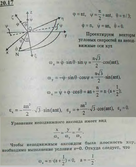 Движение тела вокруг неподвижной точки задано при помощи углов Эйлера следующими уравнениями: φ=nt, ψ=π/2+ant, θ=π/3. Определить проекции угловой