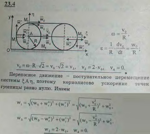 Найти скорости и ускорения точек M1, M2, M3 и M4 гусеницы трактора, движущегося без скольжения по прямолинейному участку пути со скоростью v0