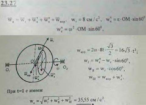 По радиусу диска, вращающегося вокруг оси O1O2 с угловой скоростью ω=2t ^рад/с в направлении от центра диска к его ободу движется точка M по