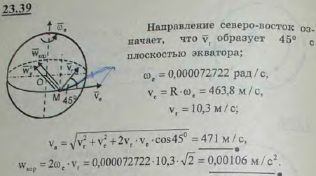 Корабль, находящийся на экваторе, идет курсом северо-восток. Скорость движения корабля равна 20 узлам. Найти абсолютную скорость и кориолисово