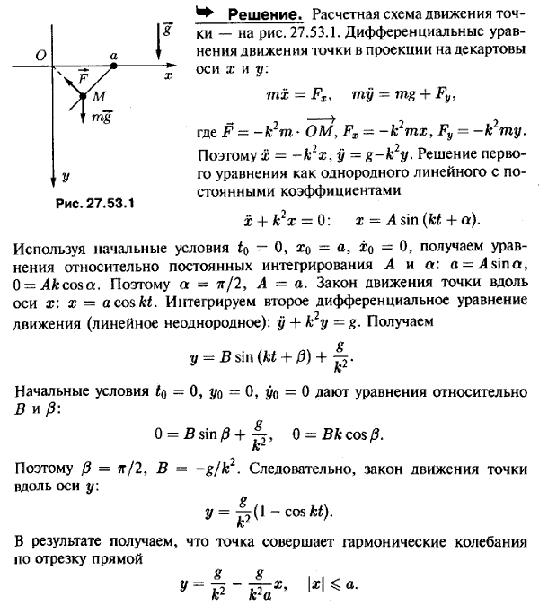 Определить движение тяжелой материальной точки, масса которой равна m, притягиваемой к неподвижному центру O силой, прямо пропорциональной расстоянию