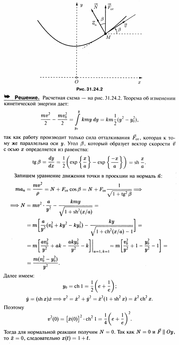 Точка M массы m движется по цепной линии y= e^x/a + e-x/a)a/2=a ch(x/a) под действием силы отталкивания, параллельной оси Oy, направленной от