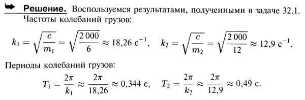 К пружине жесткости c=2 кН/м сначала подвесили груз массы 6 кг, а затем заменили его грузом вдвое большей массы. Определить частоты и периоды
