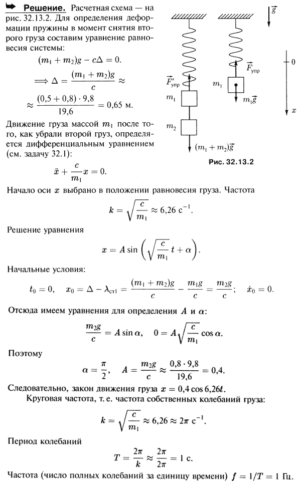 К пружине, коэффициент жесткости которой равен c=19,6 Н/м, были подвешены два груза с массами m1=0,5 кг и m2=0,8 кг. Система находилась в покое