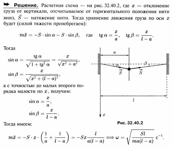 Груз Q массы m закреплен горизонтально натянутым тросом AB=l. При малых вертикальных колебаниях груза натяжение троса S можно считать постоянным