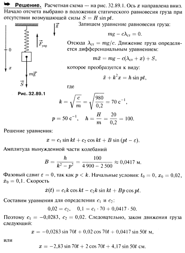 Груз массы m=200 г, подвешенный к пружине, коэффициент жесткости которой 9,8 Н/см находится под действием силы S=H sin pt, где H=20 Н, p=50 рад/с