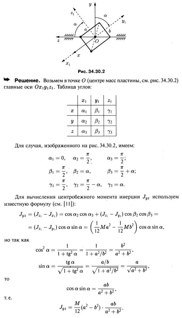 Однородная прямоугольная пластинка массы M со сторонами длины a и b прикреплена к оси z, проходящей через одну из ее диагоналей. Вычислить центробежный