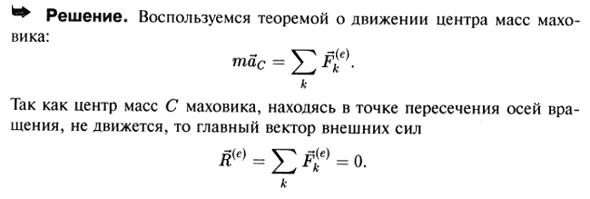 Определить главный вектор внешних сил, действующих на маховик M, вращающийся вокруг оси AB. Ось AB, укрепленная в круговой раме, в свою очередь