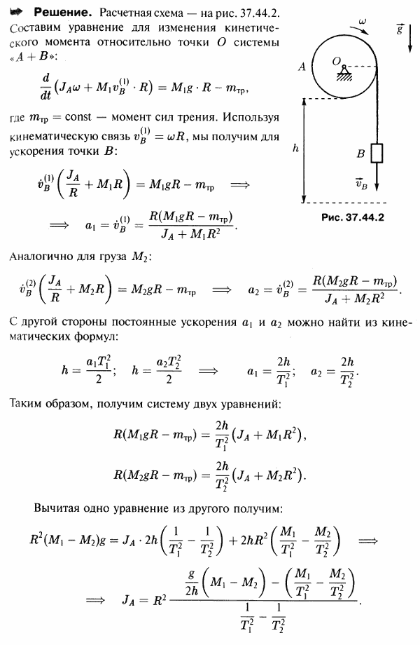 Для определения момента инерции J махового колеса A радиуса R относительно оси, проходящей через центр масс, колесо обмотали тонкой проволокой