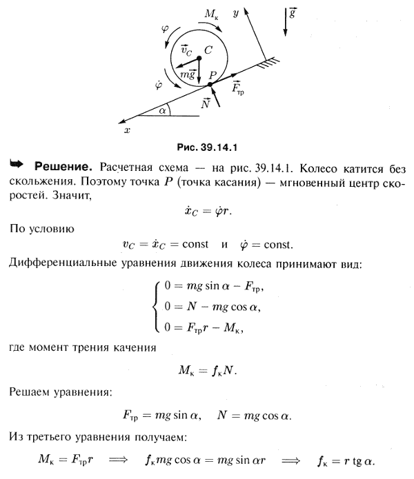 Однородное колесо радиуса r скатывается без скольжения по наклонной плоскости, образующей угол α с горизонтом. При каком значении коэффициента
