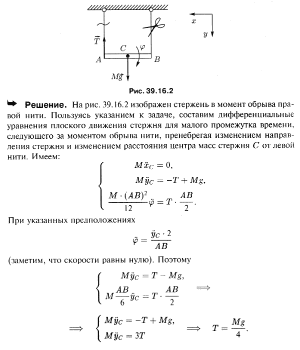 Однородный стержень AB массы M горизонтально подвешен к потолку посредством двух вертикальных нитей, прикрепленных к концам стержня. Найти натяжение
