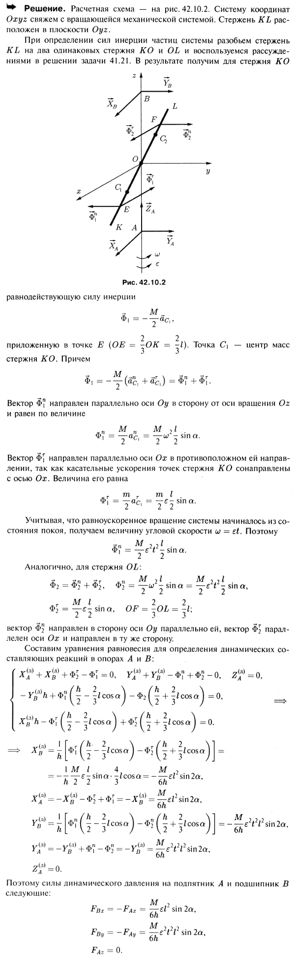 Однородный стержень KL, прикрепленный в центре под углом α к вертикальной оси AB, вращается равноускоренно вокруг этой оси с угловым ускорением