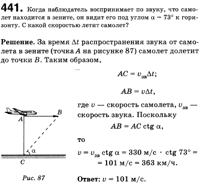 Когда наблюдатель воспринимает по звуку, что самолет находится в зените, он видит его под углом α=73° к горизонту. С какой скоростью летит с