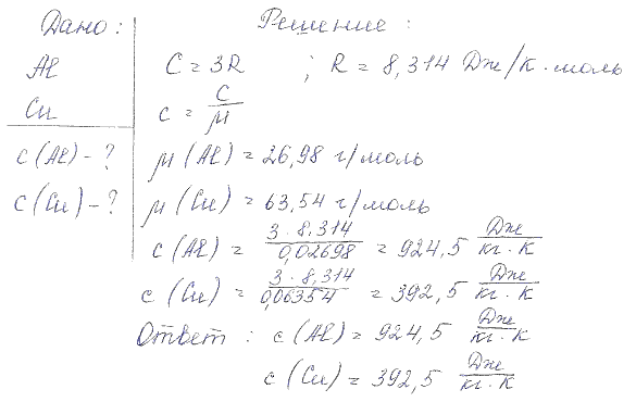 Вычислить удельные теплоемкости C кристаллов алюминия и меди по классической теории теплоемкости.