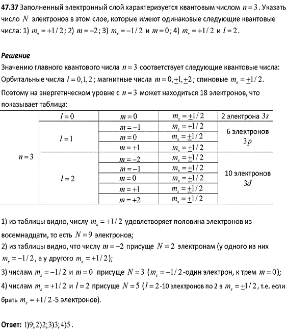 Заполненный электронный слой характеризуется квантовым числом n=3. Указать число N электронов в этом слое, которые имеют одинаковые следующие