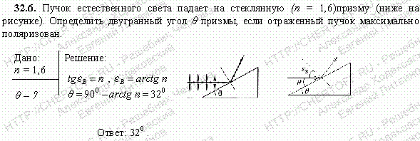 Пучок естественного света падает на стеклянную n=1,6) призму (рис. 32.3 . Определить двугранный угол θ призмы, если отраженный пучок максимально