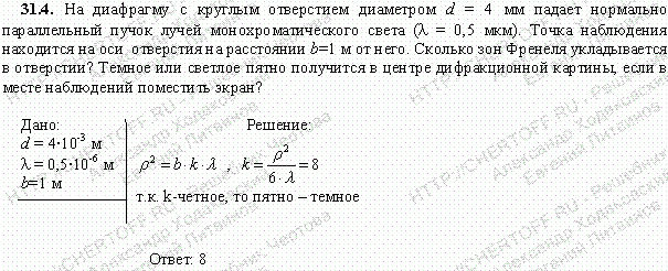 На диафрагму с круглым отверстием диаметром d=4 мм падает нормально параллельный пучок лучей монохроматического света λ=0,5 мкм . Точка наблюдения