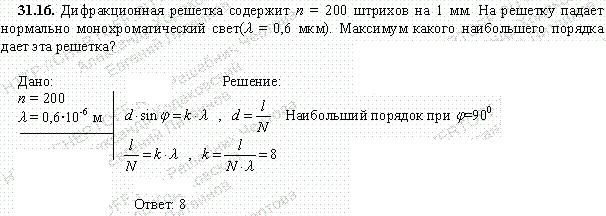 Дифракционная решетка содержит n=200 штрихов на 1 мм. На решетку падает нормально монохроматический свет λ=0,6 мкм . Максимум какого наибольшего