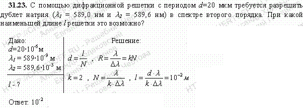 С помощью дифракционной решетки с периодом d=20 мкм требуется разрешить дублет натрия λ1=589,0 нм и λ2=589,6 нм в спектре второго порядка. При