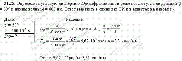 Определить угловую дисперсию Dφ дифракционной решетки для угла дифракции φ=30° и длины волны λ=600 нм. Ответ выразить в единицах СИ и в минутах