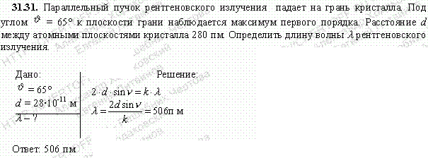 Параллельный пучок рентгеновского излучения падает на грань кристалла. Под углом φ=65° к плоскости грани наблюдается максимум первого порядка