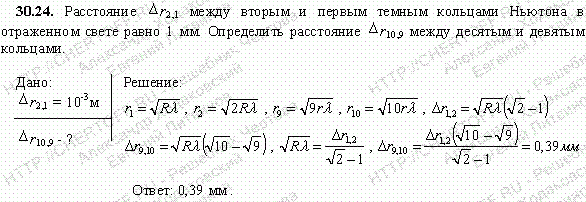 Расстояние Δr2,1 между вторым и первым темным кольцами Ньютона в отраженном свете равно 1 мм. Определить расстояние Δr10,9 между десятым и девятым