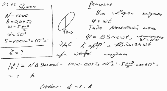 Короткая катушка, содержащая N=1000 витков, равномерно вращается в однородном магнитном поле с индукцией B=0,04 Тл с угловой скоростью ω=5 рад/с