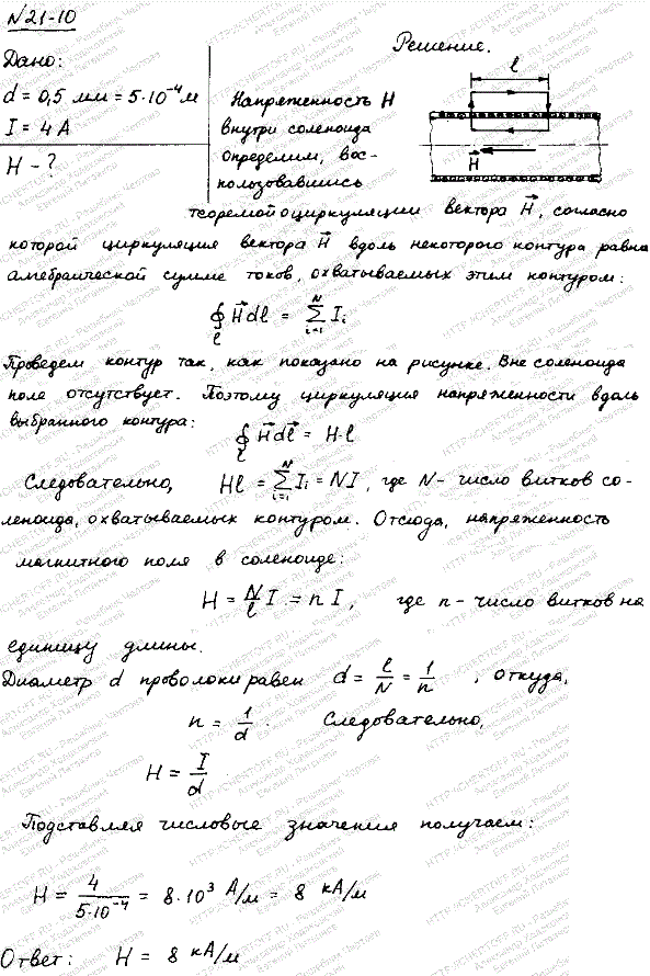 Длинный прямой соленоид из проволоки диаметром d=0,5 мм намотан так, что витки плотно прилегают друг к другу. Какова напряженность Н магнитного