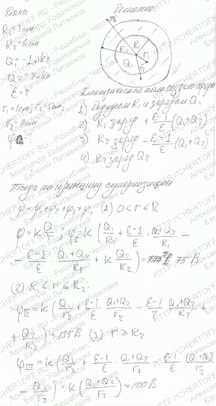 Имеются две концентрические металлические сферы радиусами R1=3 см и R2=6 см. Пространство между сферами заполнено парафином. Заряд Q1 внутренней