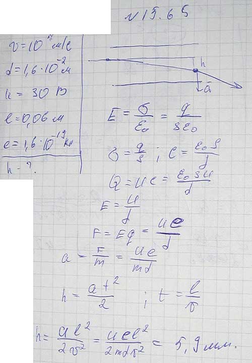 Электрон влетел в пространство между пластинами плоского конденсатора со скоростью v=10 Мм/с, направленной параллельно пластинам. На сколько